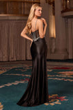 Ladivine CC408 Long Satin Fitted Gown Boned Embellished Bodice Slit