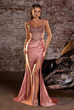 Ladivine CC408 Long Satin Fitted Gown Boned Embellished Bodice Slit
