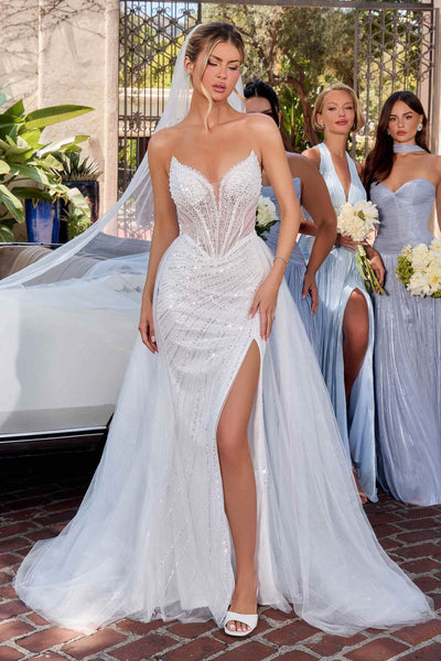 Ladivine CC492W Beaded Detachable Tulle Overskirt Fitted Off White Gown