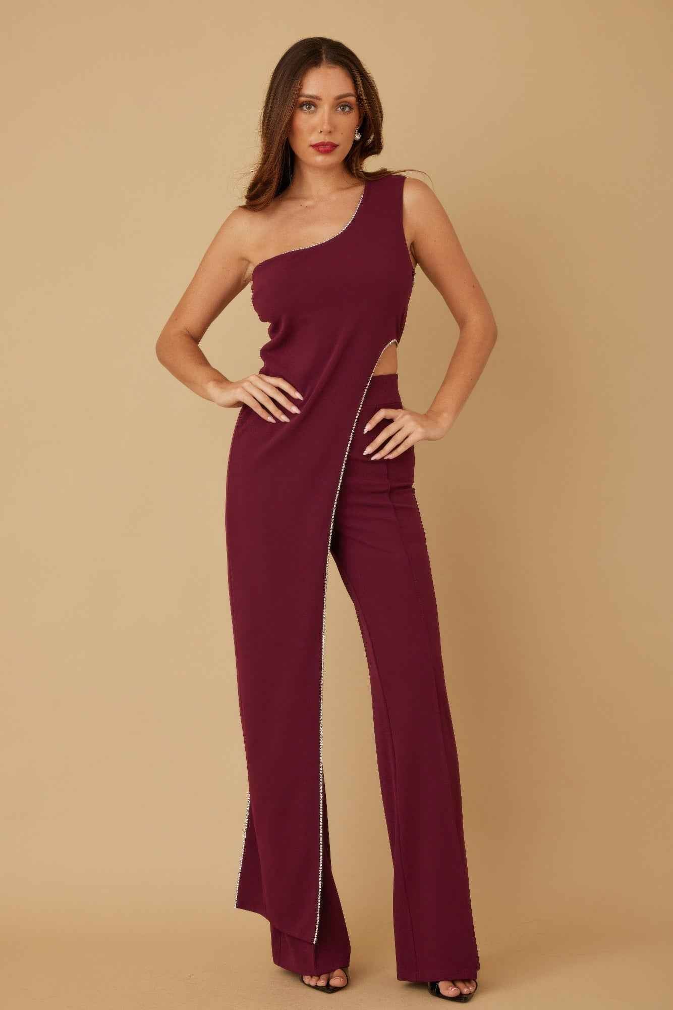 One Shoulder Strap Draped Layer W Rhinestone Sets
