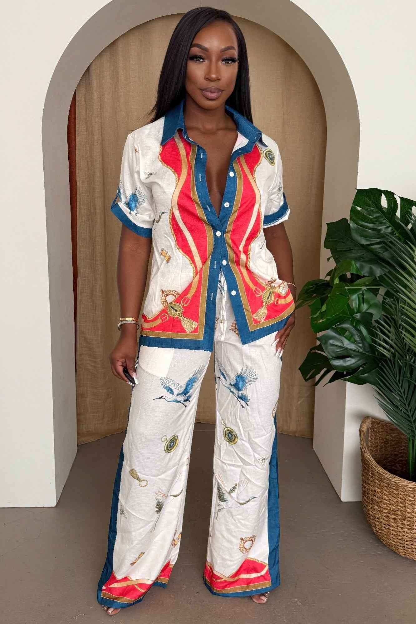 Crane & Nautical Print Shirt Pant Set Ivory Multi