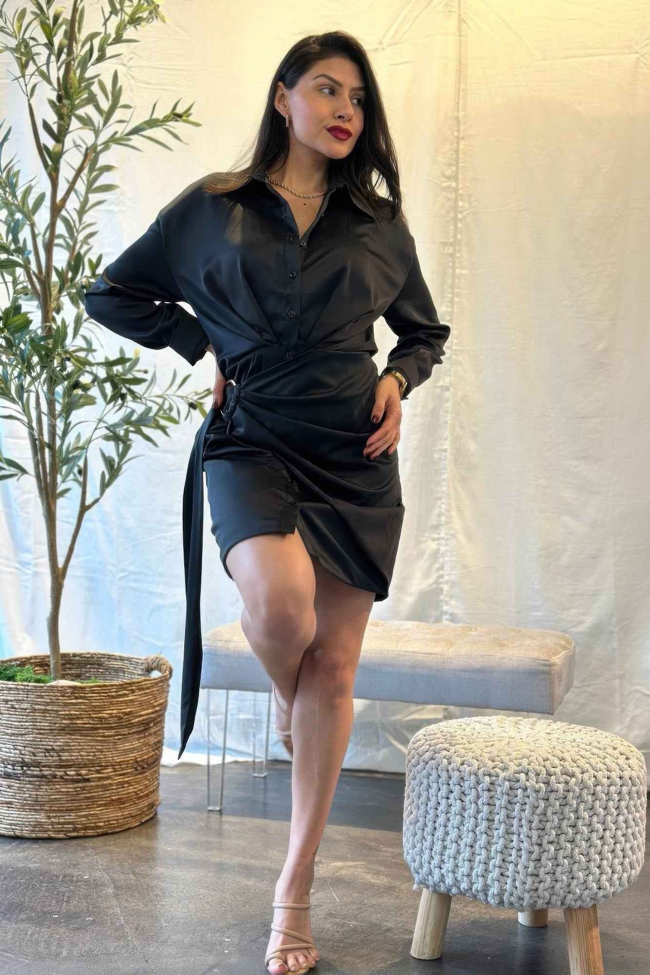 Wrap Satin Long Sleeve Button Down Mini Dress