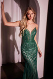 Ladivine CC6018 Long Strapless Rhinestone Embellished Mermaid Gown - emerald