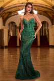 Ladivine CC6018 Long Strapless Rhinestone Embellished Mermaid Gown - emerald green