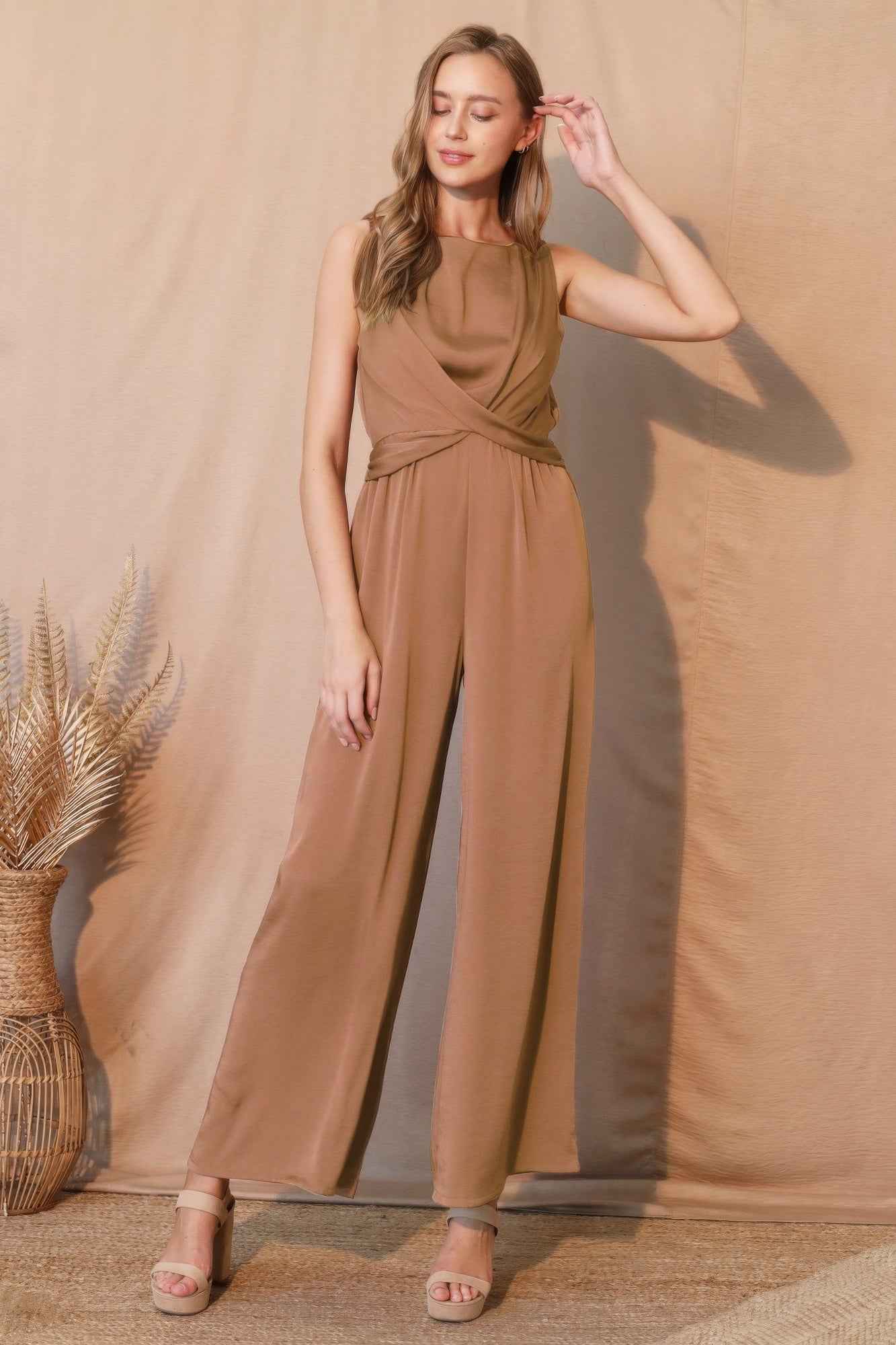 Washed Poly Silk Twist Front Jumpsuit