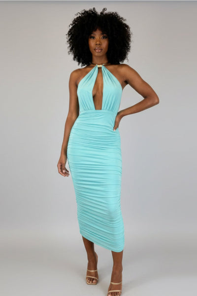 Strapless Necklace Detail Open Back Midi Dress
