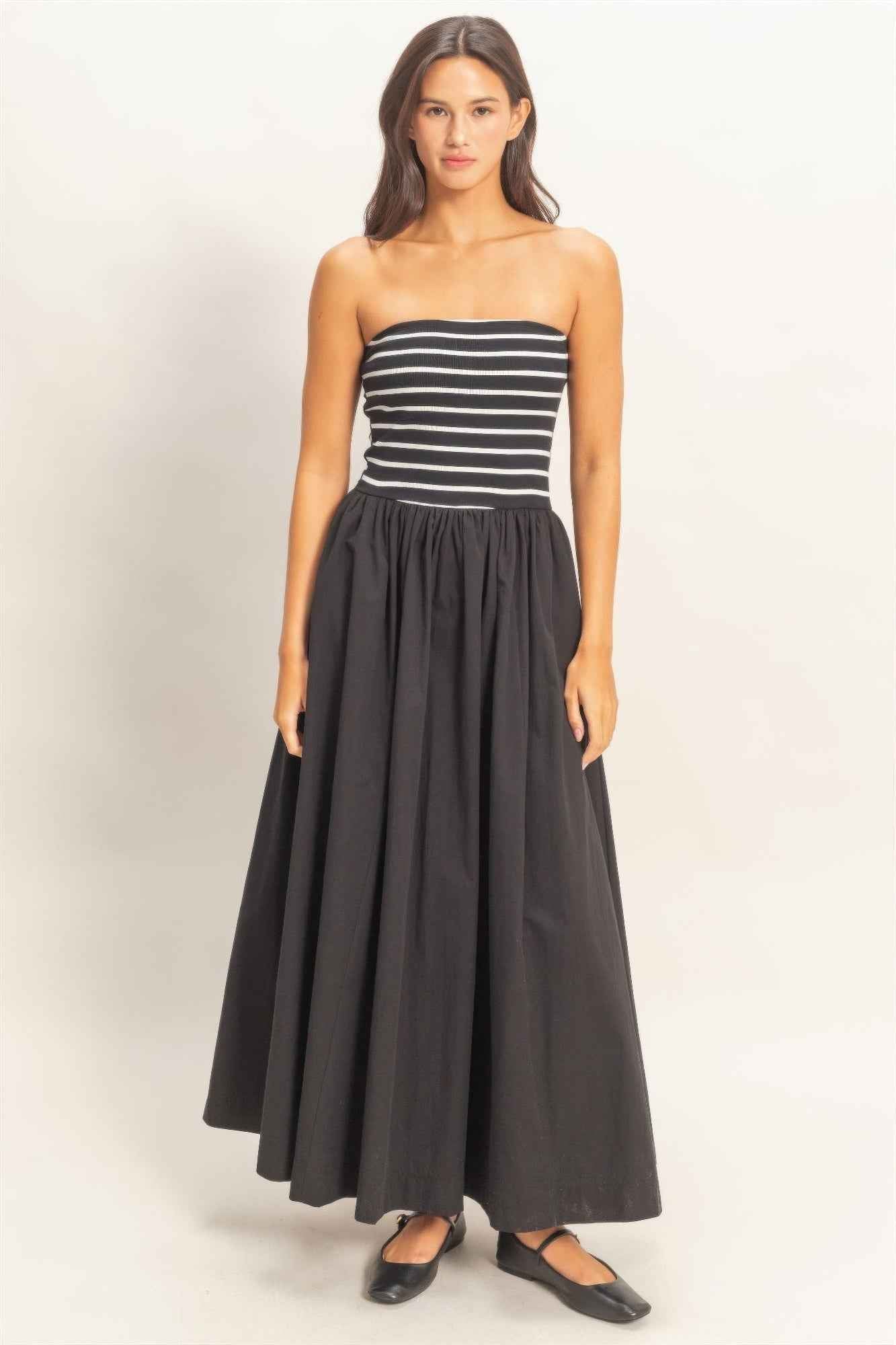 Striped Strapless Flowy Midi Dress