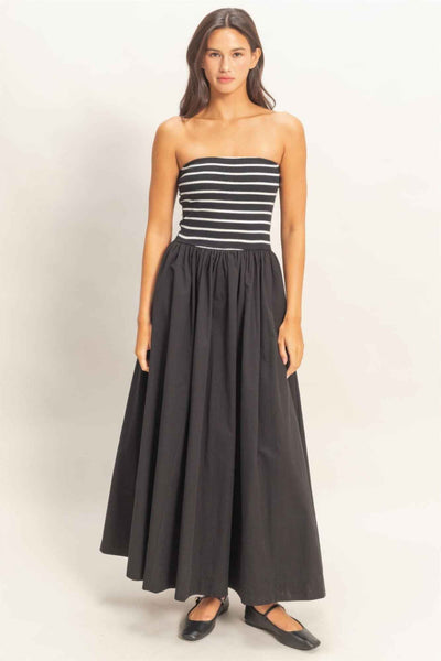 Striped Strapless Flowy Midi Dress