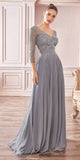 Cinderella Divine CD0171 Flowy Chiffon A-Line Smokey Blue Gown 3/4 Length Sleeves