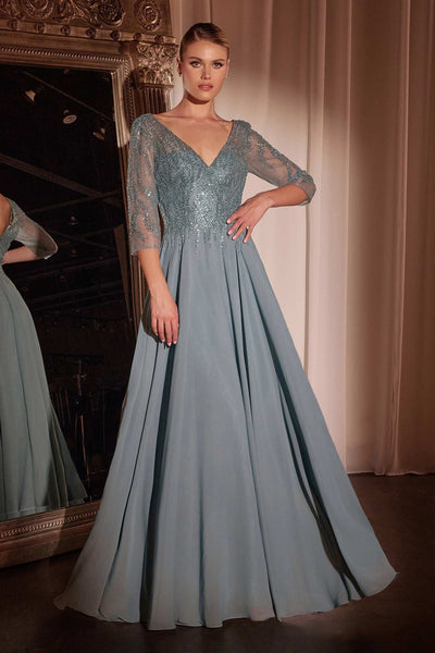Cinderella Divine CD0171 Flowy Chiffon A-Line Gown 3/4 Length Sleeves
