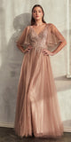 Ladivine CD0175 Floor Length Layered Tulle A-Line Gown Butterfly Sleeve - Mocha Gold