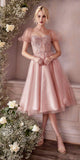 Ladivine CD0187 Tea Length Layered Tulle Dress with Short Puff Sleeves