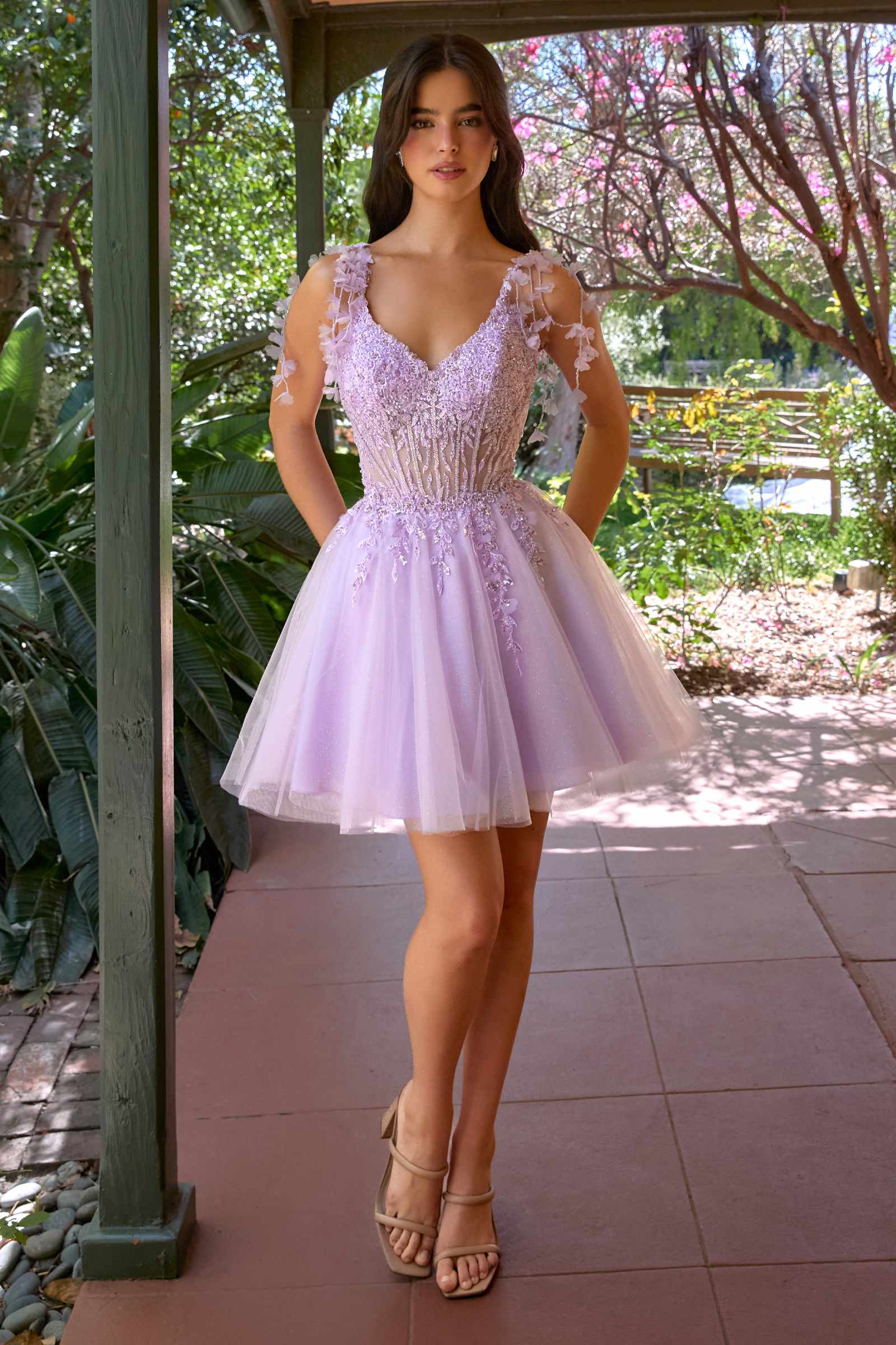 Ladivine CD0249 Tulle A-Line Short Dress with Floral Details
