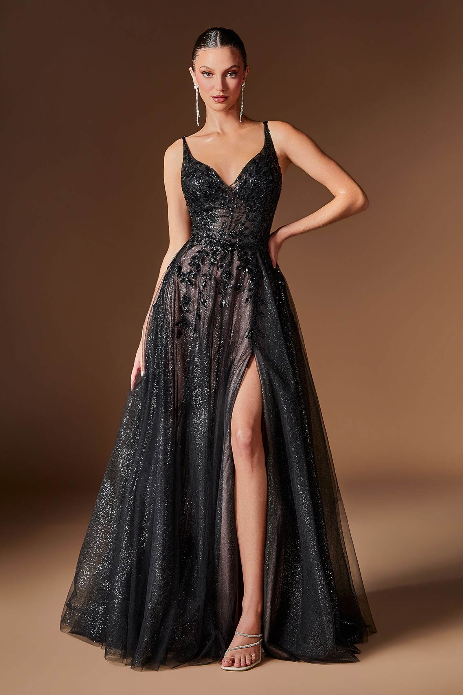 Ladivine CD2412 Magical A-Line Floral Applique Glitter Tulle Gown