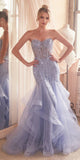 Ladivine CD332 Long Layered Tulle Tiered Mermaid Gown Sheer Boned Bodice