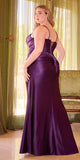 Ladivine CD349C Long Side Sash Overlay Fitted Stretch Satin Gown - eggplant