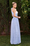 Ladivine CD415 One Shoulder Pleated Luminescent Chiffon Flowy Gown