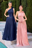 Ladivine CD415 One Shoulder Pleated Luminescent Chiffon Flowy Gown
