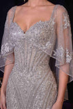 Ladivine CD637 Fitted Metallic Lace Dress with Cape