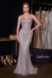 Ladivine CD637 Fitted Metallic Lace Dress with Cape