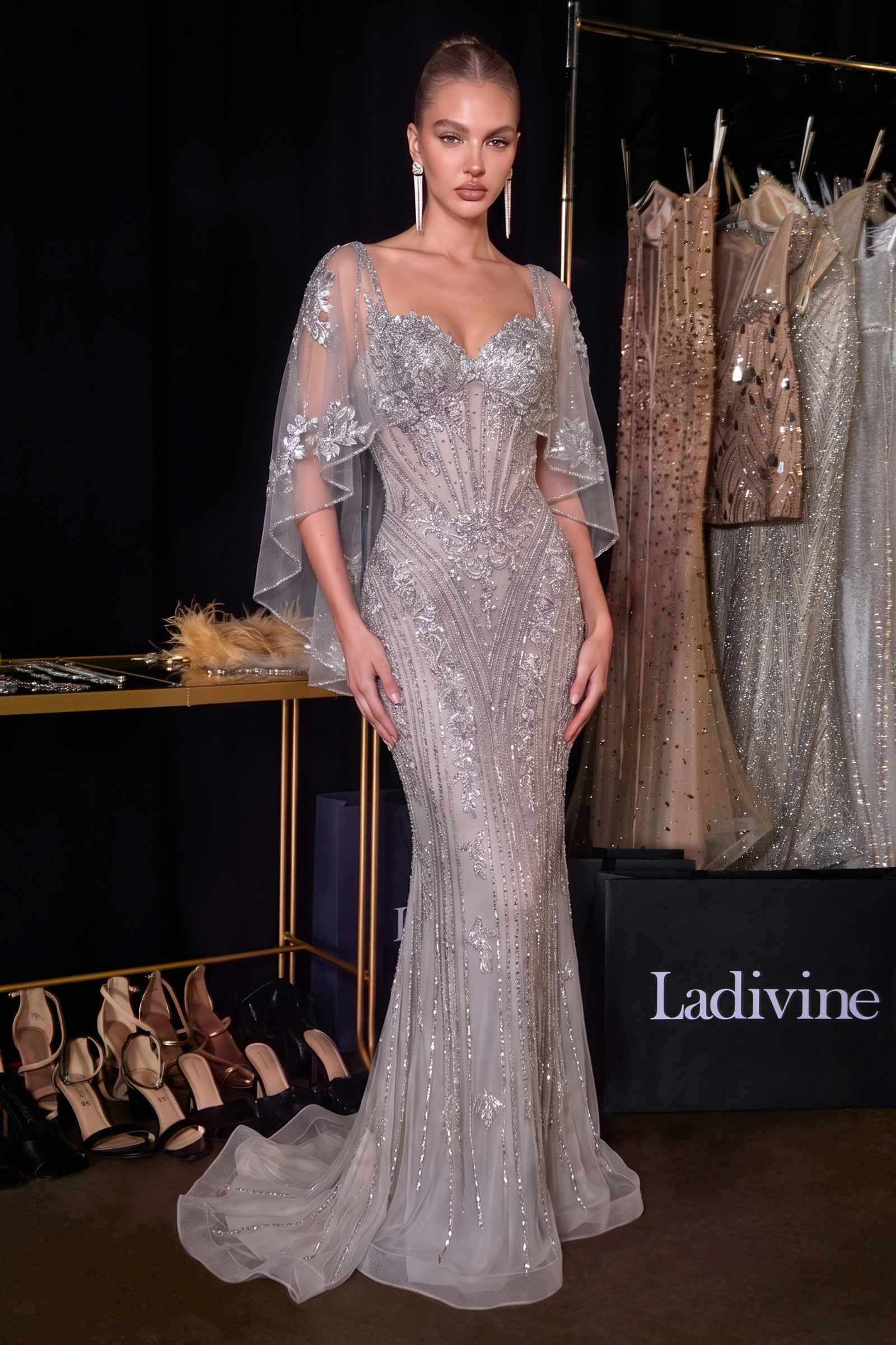 Ladivine CD637 Fitted Metallic Lace Dress with Cape