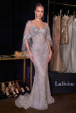 Ladivine CD637 Fitted Metallic Lace Dress with Cape