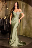 Ladivine CD667 Classic Hollywood Off Shoulder Fitted Stretch Satin Gown