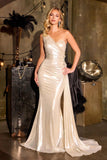 Ladivine CD691 Luxe Draping One Shoulder Liquid Satin Fitted Gown