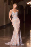 Ladivine CD695 Halter Neck Crystal Sequin Plunging Mermaid Dress