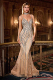 Ladivine CD719 Form Fitting Plunging Neck Sequin Beadwork Formal Dress