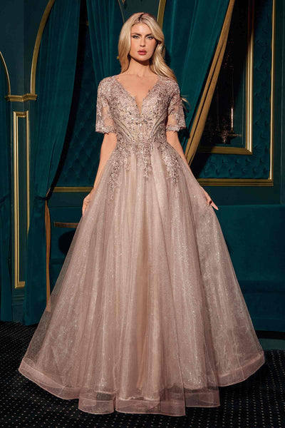 Ladivine CD726 Half Sleeve Mocha V-Neck A-Line Layered Glitter Gown