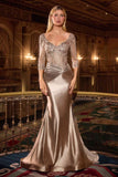 Ladivine CD731 Fitted Embroidered Bodice Stretch Satin Evening Gown