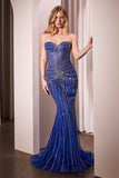 Ladivine CD785 Dress Strapless Crystal Embellished Fitted Gown - ROYAL