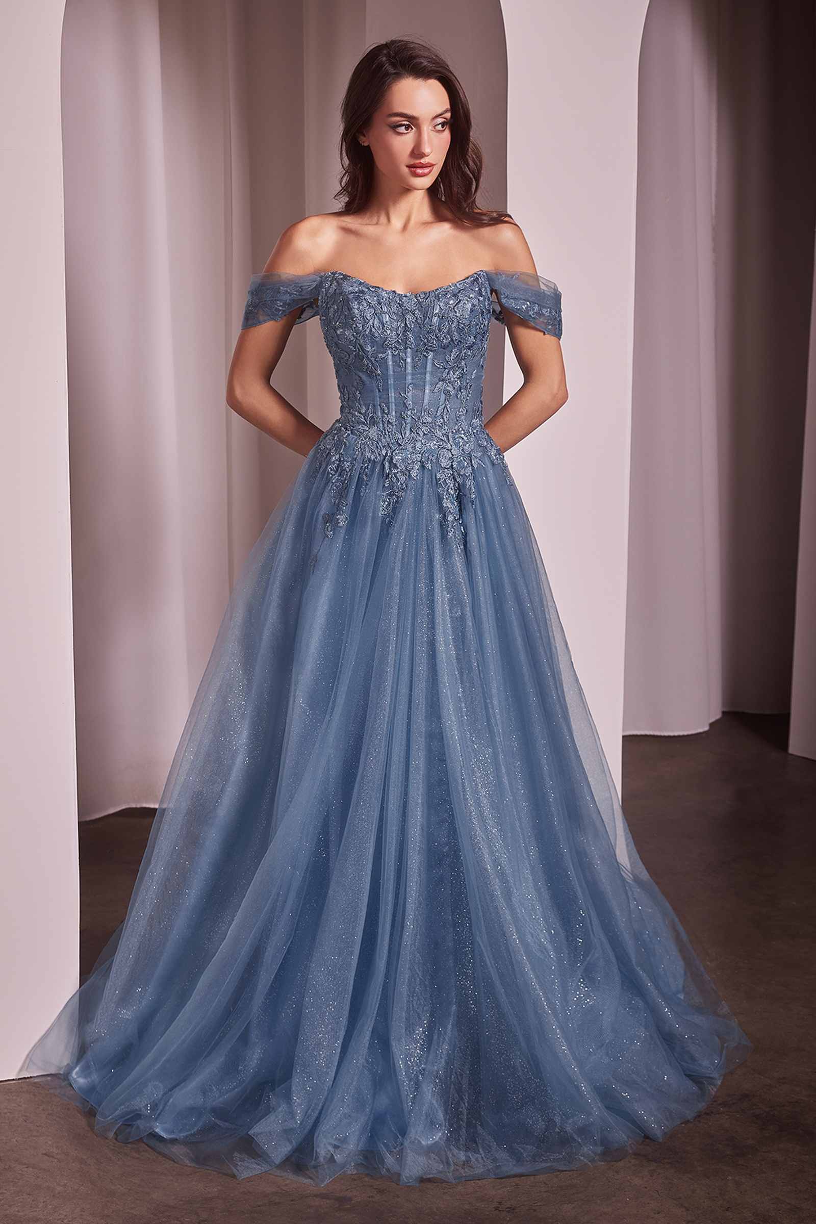 Ladivine CD799 Long Off The Shoulder A-Line Ball Gown - SMOKY BLUE