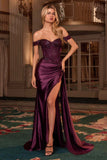 Ladivine CD803 Off The Shoulder Lace & Satin Fitted Gown - EGGPLANT