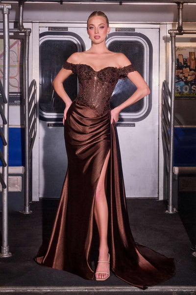 Ladivine CD803 Off The Shoulder Lace & Satin Fitted Gown