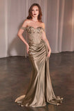 Ladivine CD803 Off The Shoulder Lace & Satin Fitted Gown - Mocha Gold