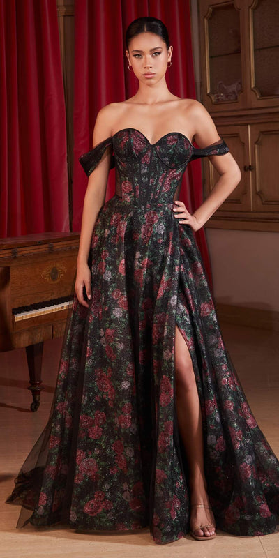 Ladivine CD806 Black Off The Shoulder Ball Gown With Floral Underlay