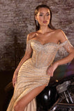 Ladivine CD848 Long Fitted Embellished Off the Shoulder Evening Gown