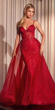Ladivine CD863 Floor Length Fitted Beaded Tulle Fabric Red Carpet Gown