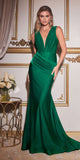 Ladivine CD912 Fitted Jersey Gown Ruched Waistline Pleated Deep V-Neckline