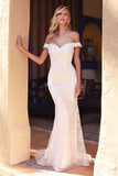 Cinderella Divine CD929 Fitted Off The Shoulder Bridal Gown Floral Lace Applique