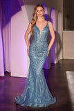 Ladivine CD935 Fitted Mermaid Gown Geometric Beaded Embellishment - smokey blue