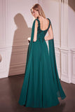 Ladivine CDS509 Dress Chiffon A-Line Gown & Long Cape Sleeves - EMERALD