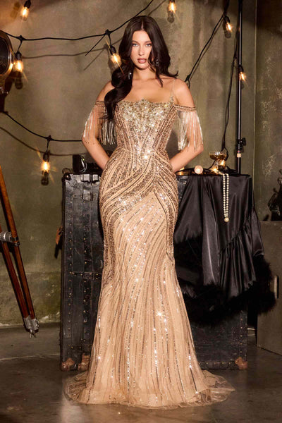 Ladivine CDS555 Cold Shoulder Fringe Fitted Formal Gown
