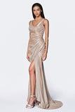 Cinderella Divine CF332 Fitted Glitter Sparkle Ruched Gown Mauve With Leg Slit And V-Neckline