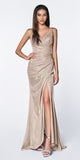 Cinderella Divine CF332 Fitted Glitter Sparkle Ruched Gown Mauve With Leg Slit And V-Neckline