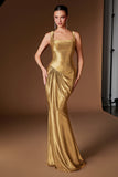Ladivine CH2604 Square Neck Satin Fitted Evening Gown with Draped Waist