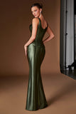 Ladivine CH2604 Square Neck Satin Fitted Evening Gown with Draped Waist