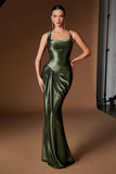 Ladivine CH2604 Square Neck Satin Fitted Evening Gown with Draped Waist